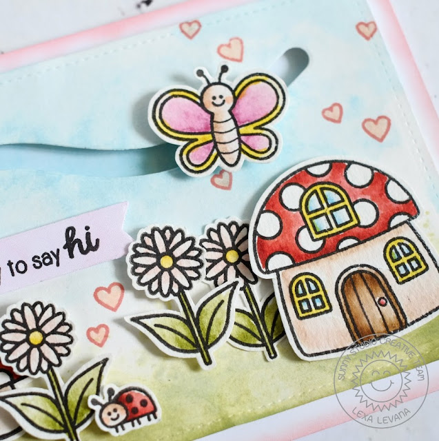 Sunny Studio Stamps: Backyard Bugs Fluttering By To Say Hi Butterfly slider card by Lexa Levana.