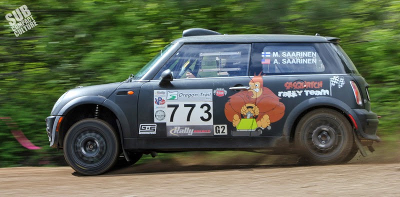 MINI Cooper Rally Car with full droop on the front suspension