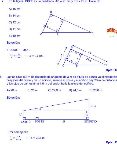 SEMEJANZA DE TRIÁNGULOS EJEMPLOS Y PROBLEMAS RESUELTOS SEMEJANZA DE TRIÁNGULOS EJEMPLOS Y PROBLEMAS RESUELTOS
