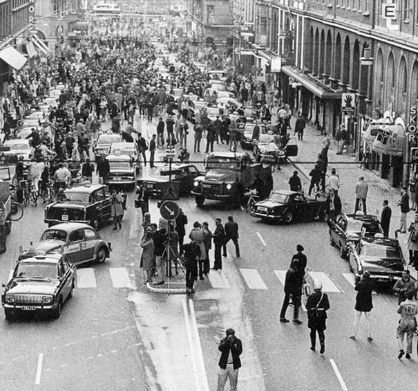 First morning after Sweden changed from driving on the left side to driving on the right, 1967 First morning after Sweden changed from driving on the left side to driving on the right, 1967