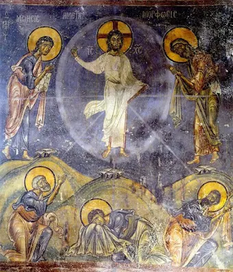 τοιχογραφία του 12ου αι. της Μεταμόρφωσης του Χριστού   στον Άγιο Νικόλαο του Κασνίτζη στην Καστοριά (1160-1180)