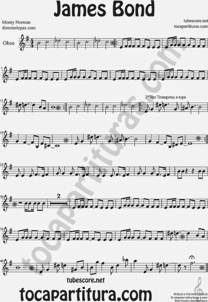  James Bond Partitura de Oboe Sheet Music for Oboe Music Scores ¡Atención es tocapartituras.com con "s"! (error en la partitura)