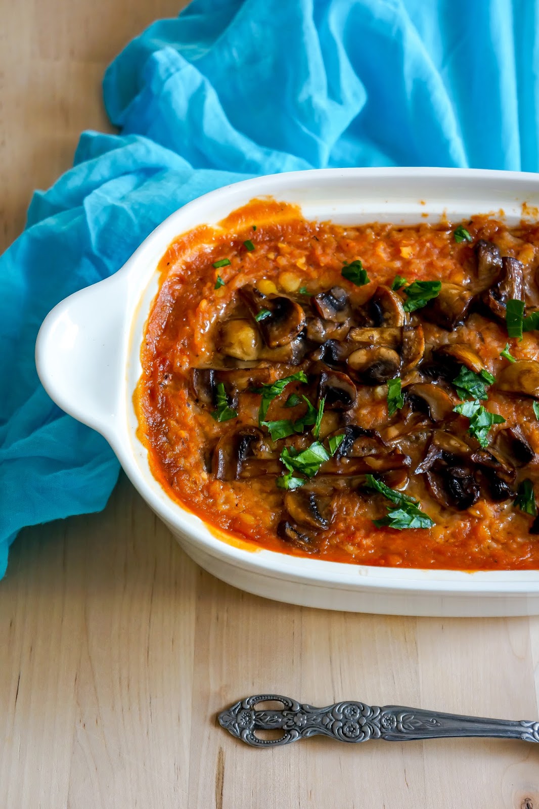Split pea casserole with roasted mushrooms