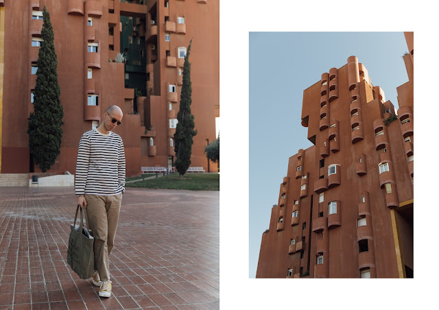 blok apartemen walden7 di barcelona dirancang oleh Ricardo Bofill, koleksi pakaian pria musim semi musim panas 2019 Joseph