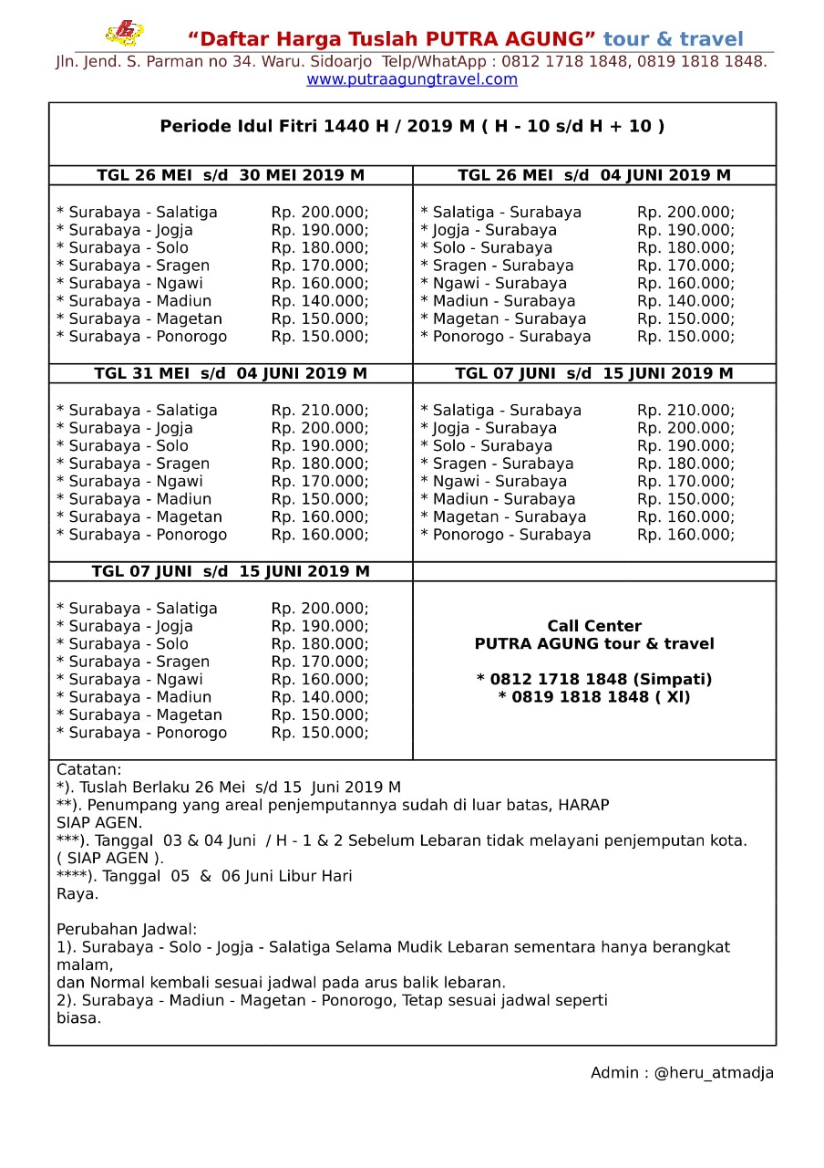 Harga Tiket Hari Raya Idul Fitri 1440 H 2019 M Putra Agung Tour Travel