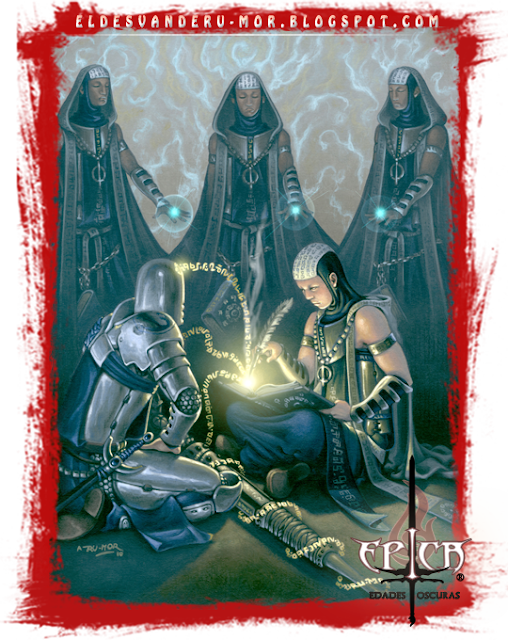 Ilustración de los Escribas del Aura Arcana hecha por ªRU-MOR para el juego de Cartas de ÉPICA: Edades Oscuras