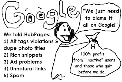 Satirical cartoon of Paul Edmondson blaming Google for HubPages demise