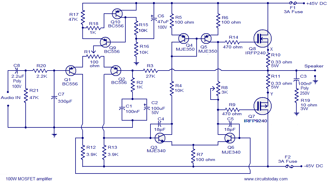 100W MOSFET power amplifier - The Circuit