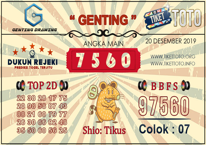 Prediksi Togel GENTING DRAWING TIKETTOTO 20 DESEMBER 2019