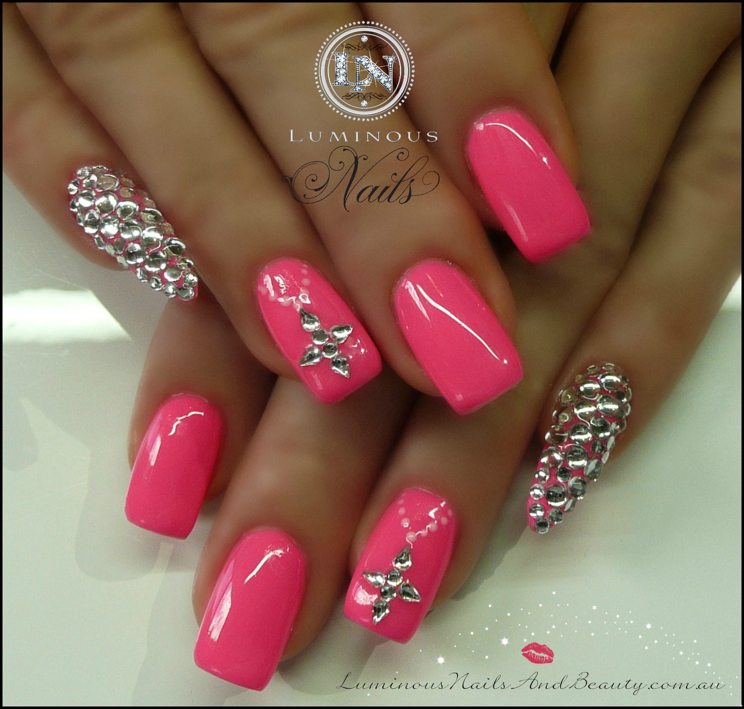 Hot Pink Nails with Crystal Stiletto Pinkies!