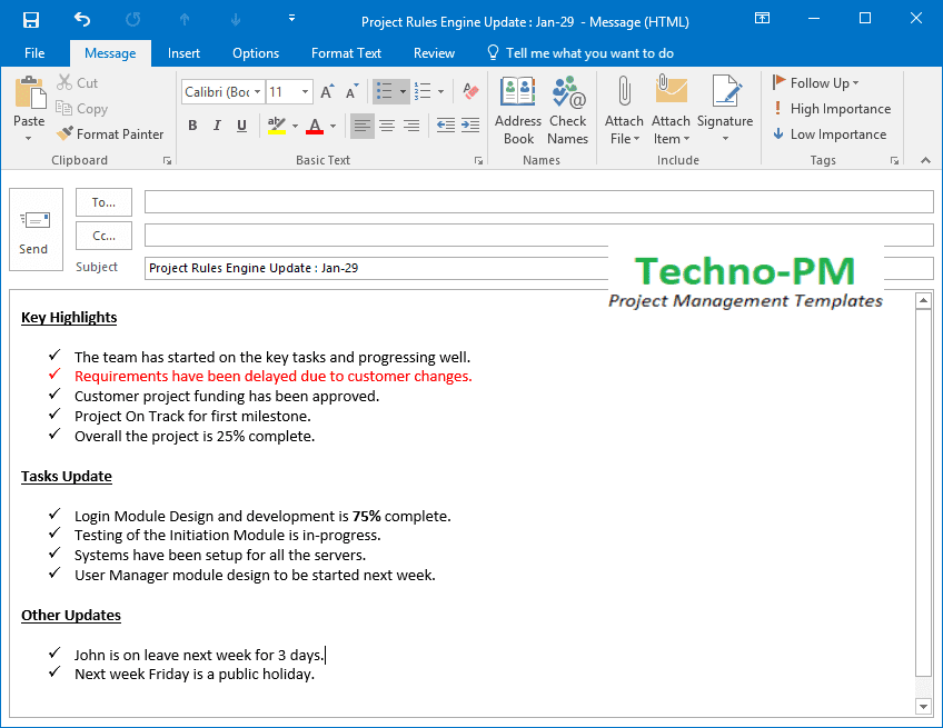 Project Status Report Email Template