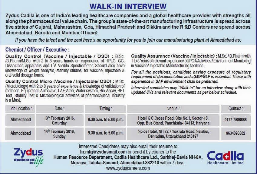 ZYDUS CADILA, INTERVIEW FOR AHMEDABAD LOCATION HARYANA 13 FEBRUARY