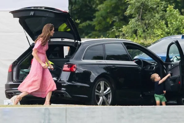 Kate Middleton in LK Bennett Madison dress, Castaner wedges. Prince George, Princess Charlotte. Meghan Markle