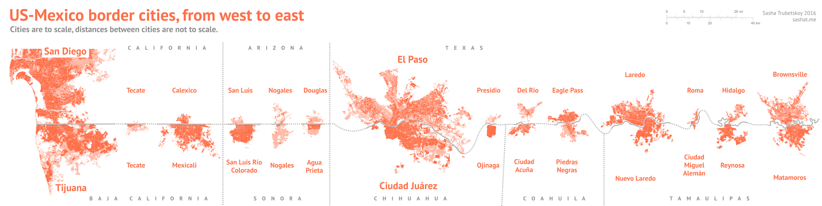 U.S. - Mexico border cities, from west to east U.S. - Mexico border cities, from west to east