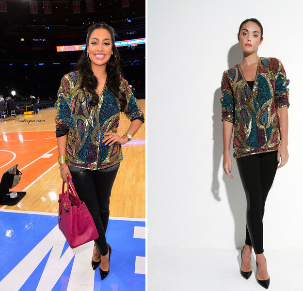 LaLa Vasquez Anthony was spotted  last night at the  Knicks vs. Celtics game  sporting this cute Virgos Lounge Aggy Jacket.