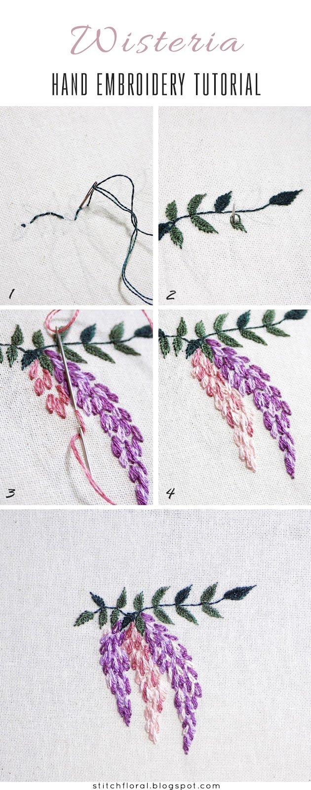 Hand embroidered Wisteria: Free PDF pattern & tutorial