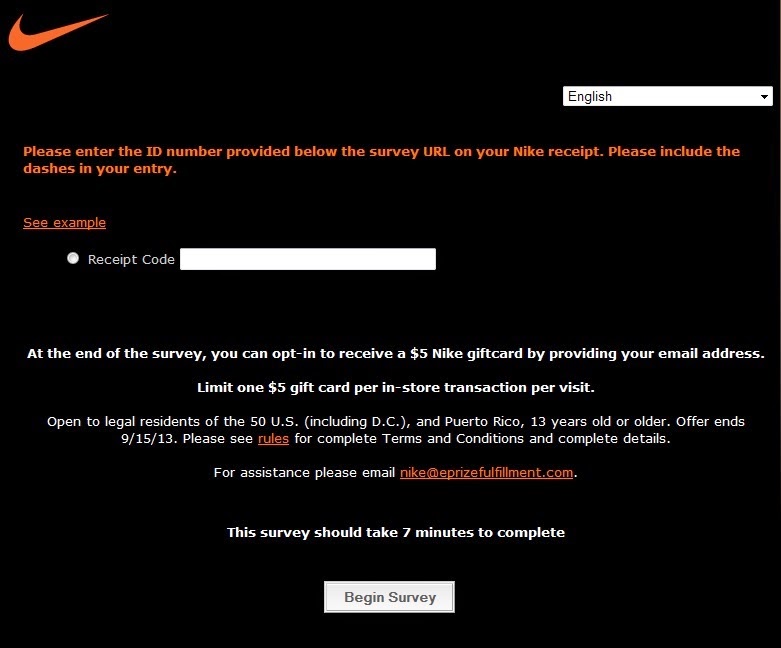 Nike Store Survey Special Offer - Receive a $5 Giftcard or Promo Code