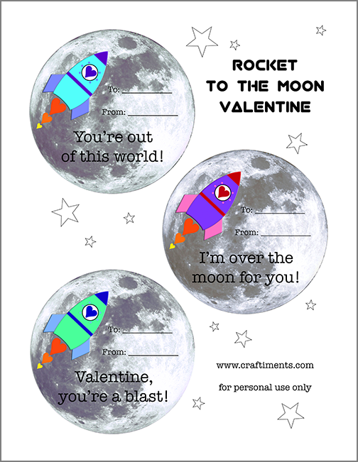 Free printable rocket to the moon valentines from Craftiments.