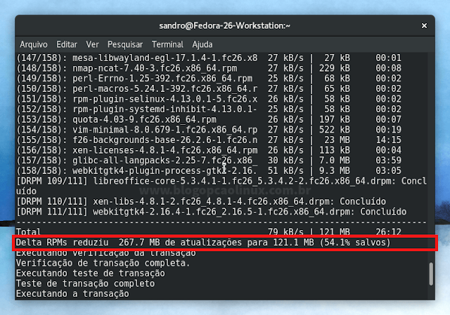 Delta RPMs reduziu de 267.7 MB de atualizações para apenas 121.1 MB