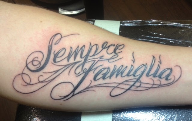 tattoosbychrisamlie: Sempre Famiglia lettering tattoo