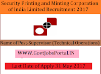 Security Printing and Minting Corporation of India Limited Recruitment 2017– Supervisor (Technical Operations)