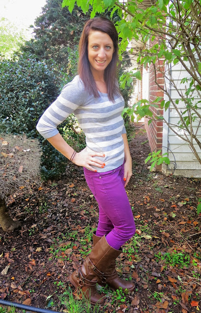 Purple Pants Brown Boots Grey Top outfit