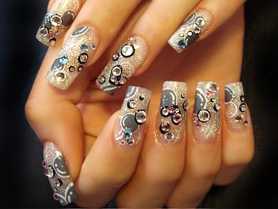 Clear Accented Nails with Grey Bubbles and Clear Stones