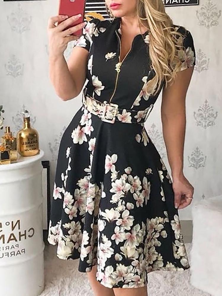 Floral Print Off Zipper Belted Pleated Dress