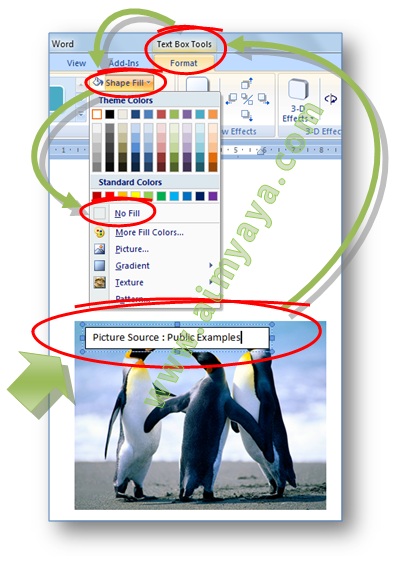 Gambar: Cara membuat kotak teks (text box) menjadi transparan di Microsoft Word
