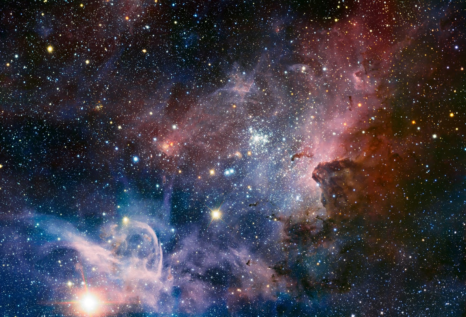 This broad image of the Carina Nebula, a region of massive star formation in the southern skies, was taken in infrared light using the HAWK-I camera on ESO’s Very Large Telescope. Many previously hidden features, scattered across a spectacular celestial landscape of gas, dust and young stars, have emerged.  Image Credit:ESO/T. Preibisch Explanation from: http://www.eso.org/public/images/eso1208a/