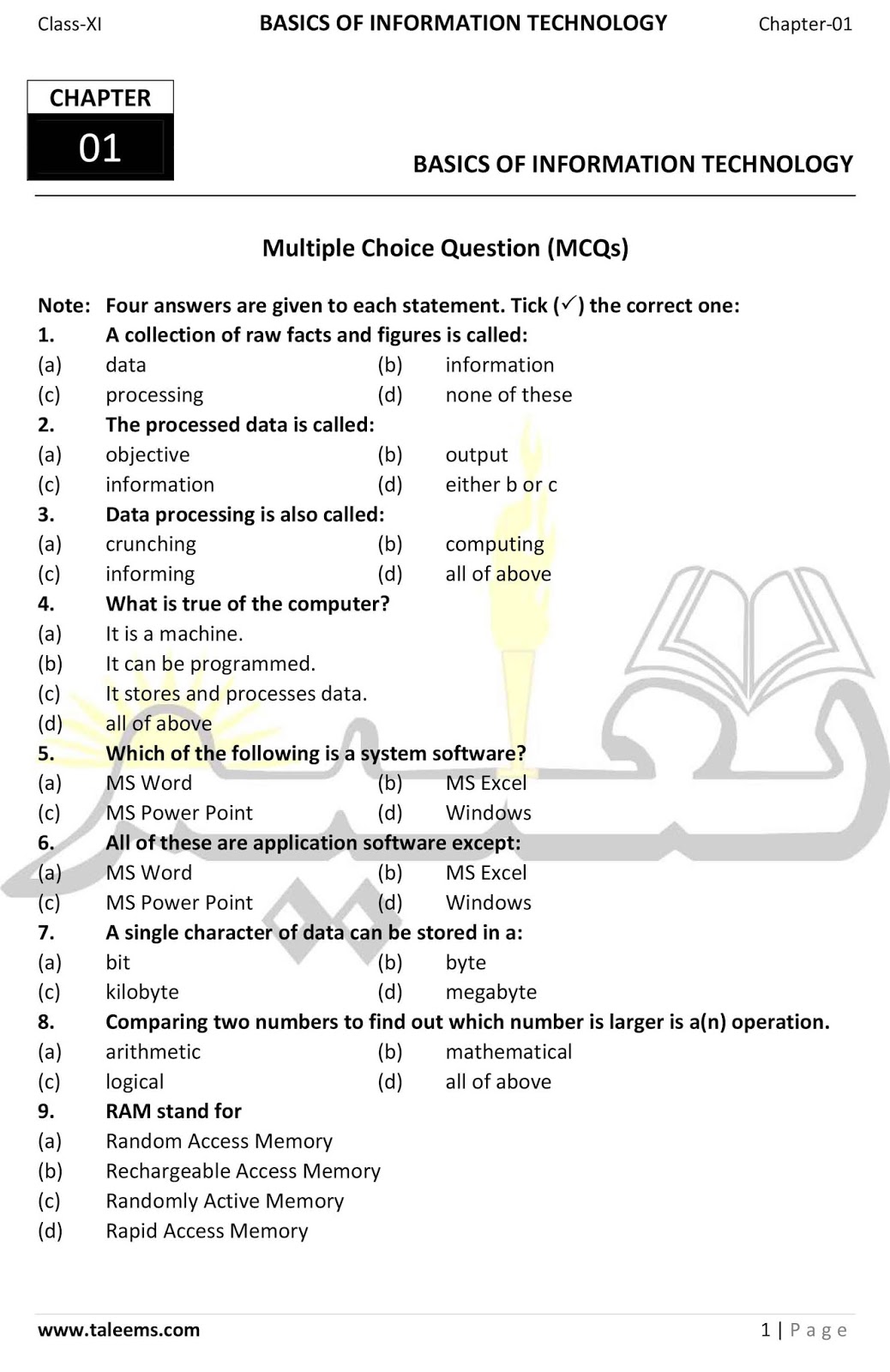 Online Taleem Basics of Information Technology MCQs