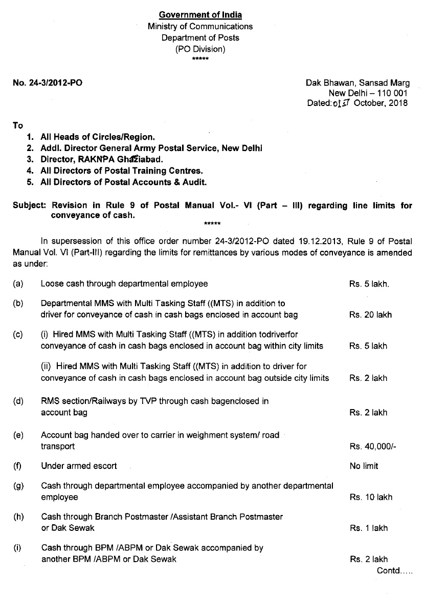 ALL INDIA POSTAL EMPLOYEES UNION GDS (NFPE) Cash Line Limits revised