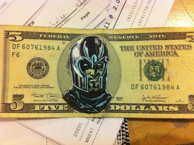money art, x-men money, 5 dollar bill