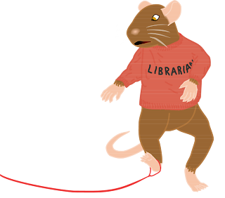 A brown, bipedal, digitigrade house mouse stops in mid-step and looks in dismay at his right foot, which has a red thread tied around it. He is wearing a red sweater that reads "Librarian"