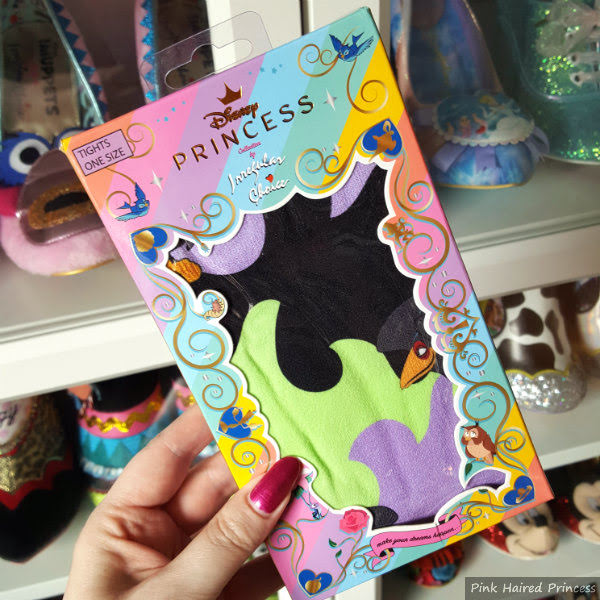 Irregular Choice Disney Sleeping Beauty Dark Vs Light Tights boxed boxed Sleeping Beauty tights with shoe shelves in background