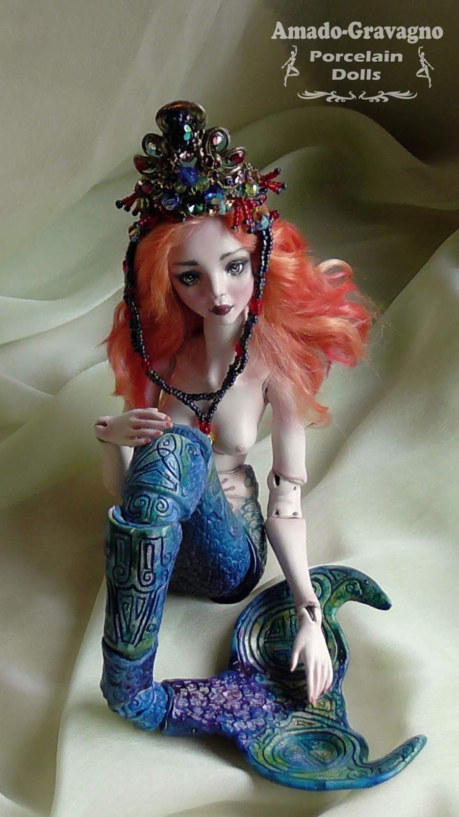 mermaid queen porcelain doll with engraved tattoo by amado gravagno argentina bjd