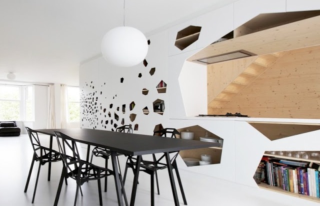 Muebles madera diseño: polÃgonos irregulares para decorar la cocina.