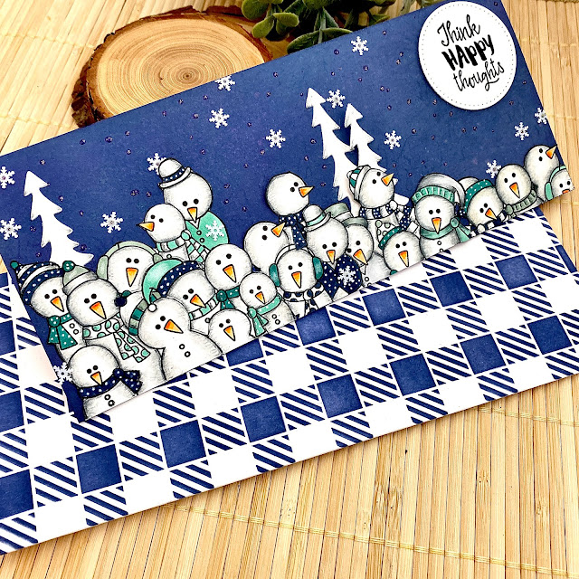 Slimline Snowman Card by August Guest Designer Angie Cimbalo | Frozen Fellowship Stamp Set, Happy Little Thoughts Stamp Set and Gingham Stencil by Newton's Nook Designs  #newtonsnook #handmade