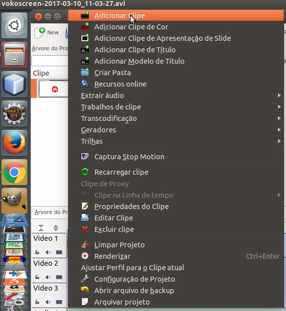 Kdenlive Adicionar Clipe Kdenlive Menu Projeto