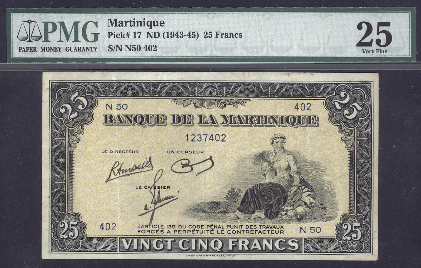 Martinique bank notes 25 Francs banknote of 1943 1945.World