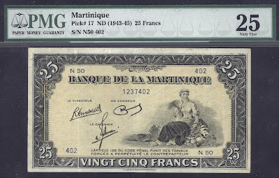 Bank Martinique money currency 25 Francs banknote 