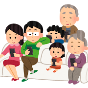 一家団らんのイラスト(スマートフォン・笑顔)
