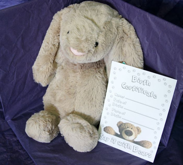 Jellycat Bears from Say It With Bears Review | Morgan's Milieu: Bashful Bunny and his birth certificate.