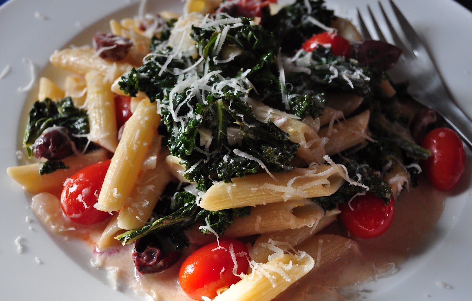 My Tiny Oven Penne with Goat Cheese, Kale and Olives (and Turkey if