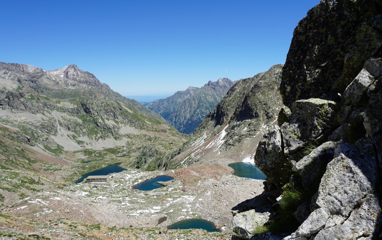 View from Baisse de Druor to Valscura Lakes in Italy