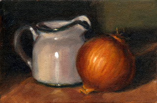 Oil painting of a white porcelain milk jug beside a brown onion.