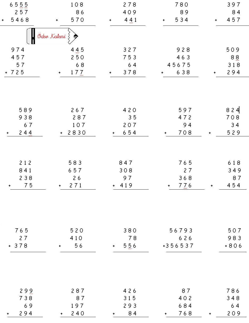 5. Sınıf Matematik Dersi Toplama İşlemi Alıştırmaları Etkinliği - Ödev ...
