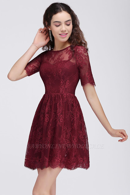 A-Line Round Neck Short Lace Burgundy Homecoming Dresses