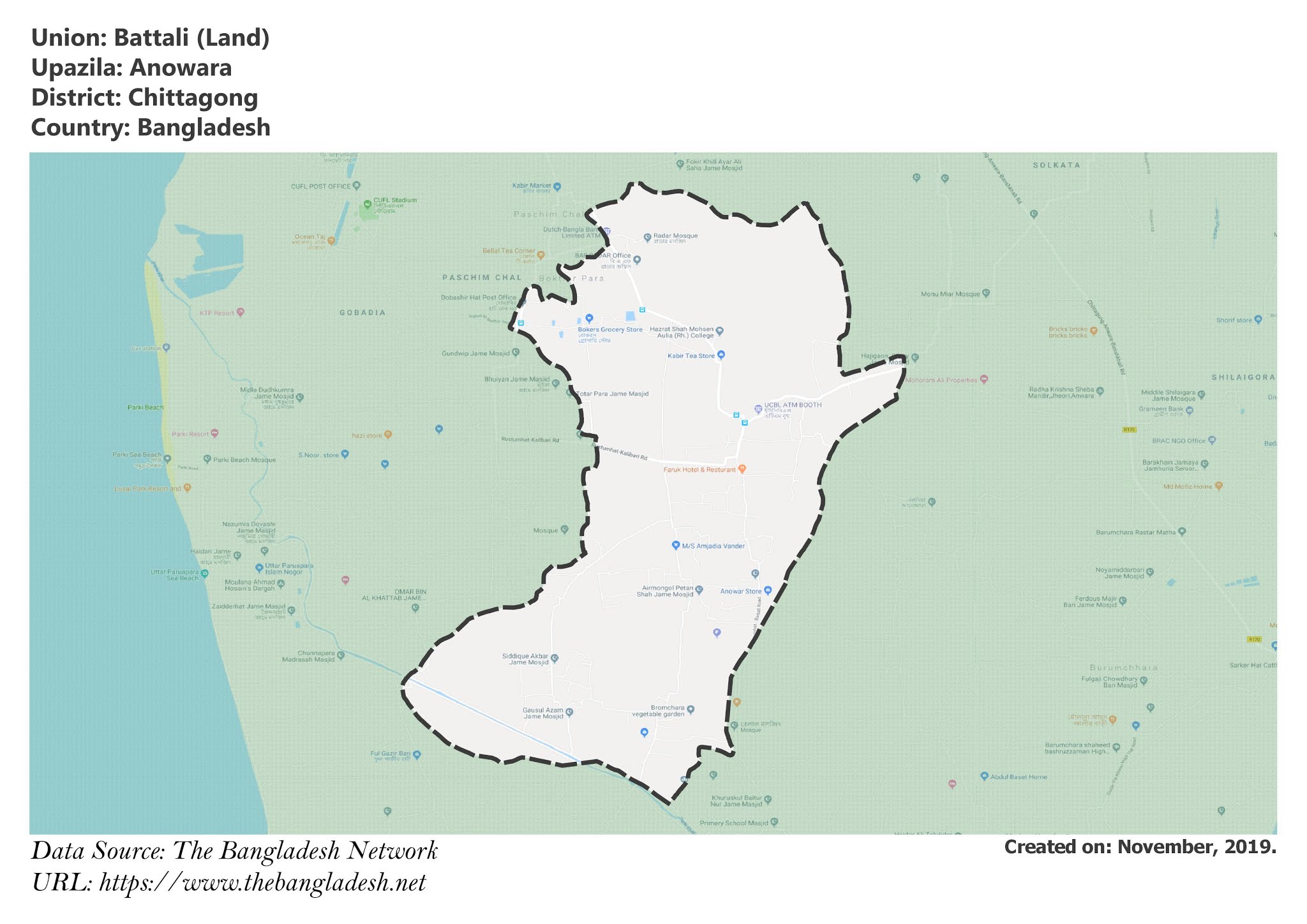 Map of Battali of Chittagong, Bangladesh.