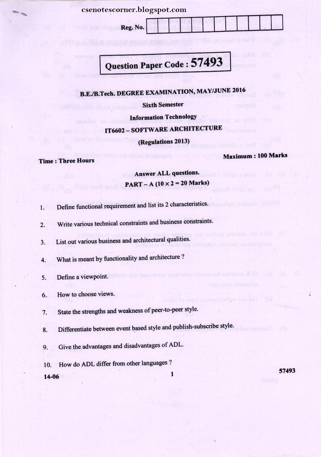 CSE Notes SOFTWARE ARCHITECTURE Question Paper